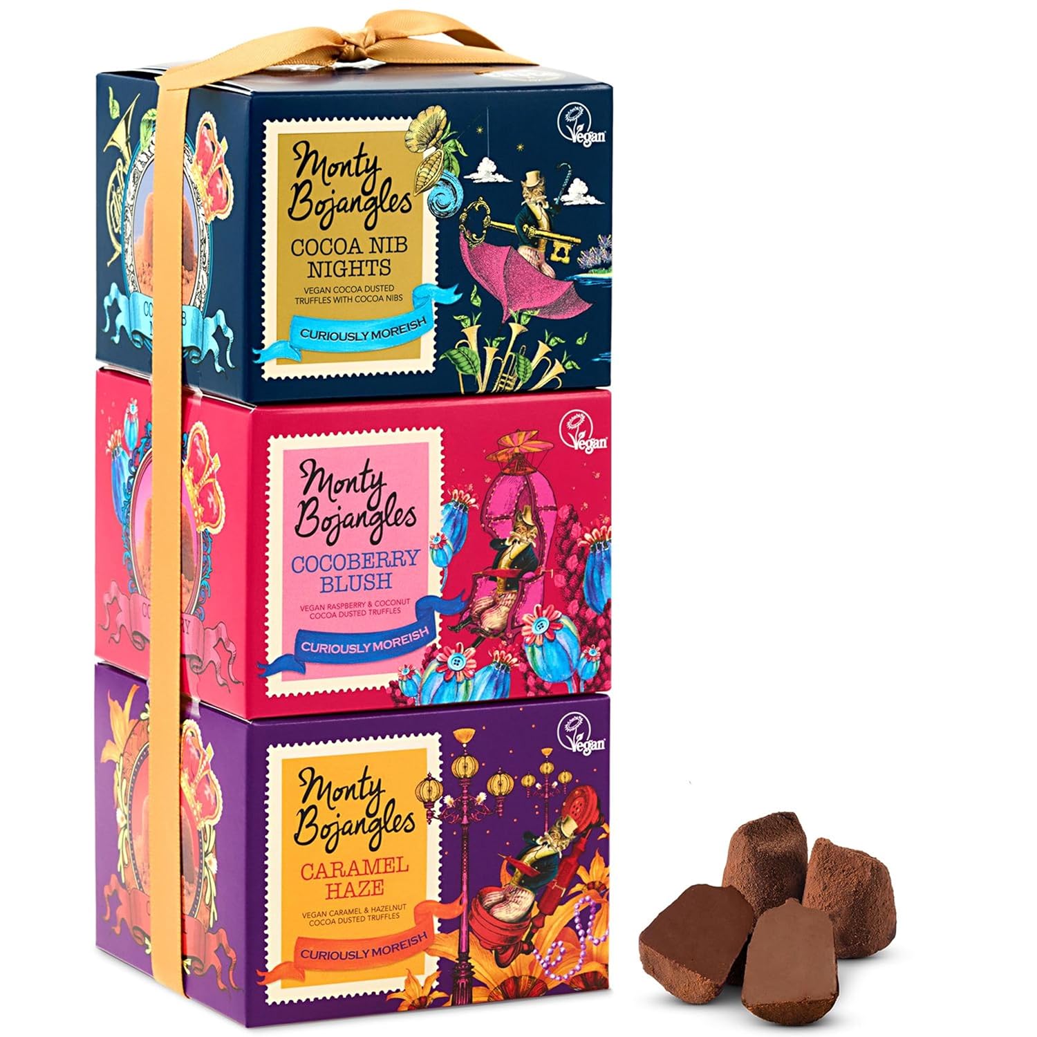 Monty Bojangles Vegan Cocoa Dusted Chocolate Truffles Gift Tower (3x3.5oz) - 3 Different Flavors Luxury Chocolatey Truffles Gift Set, Award Winning Truffle, Vegan Chocolate Box With Bespoke Design