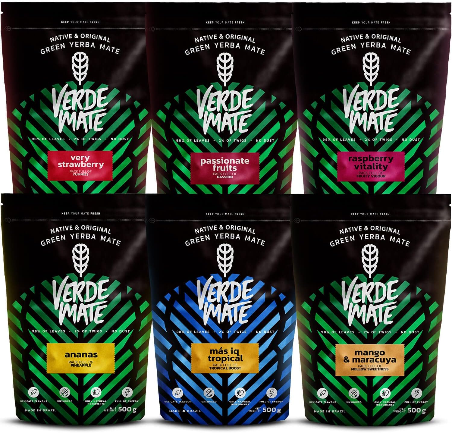 Verde Mate Green Fruity Yerba Mate Tea Set 6x500g - Mas IQ, Pineapple, Strawberry, Raspberry, Mango & Maracuya, Papaya, Brazilian