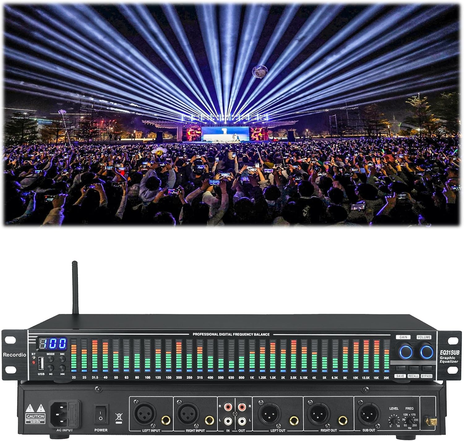 RQG Audio Equalizer,Professional 31-Band Digital Equalizer Processor with Intelligent Noise Reduction, Real-Time Spectrum Display, and 10 Preset Modes for Live Sound, Studio, and Home Theater Audio
