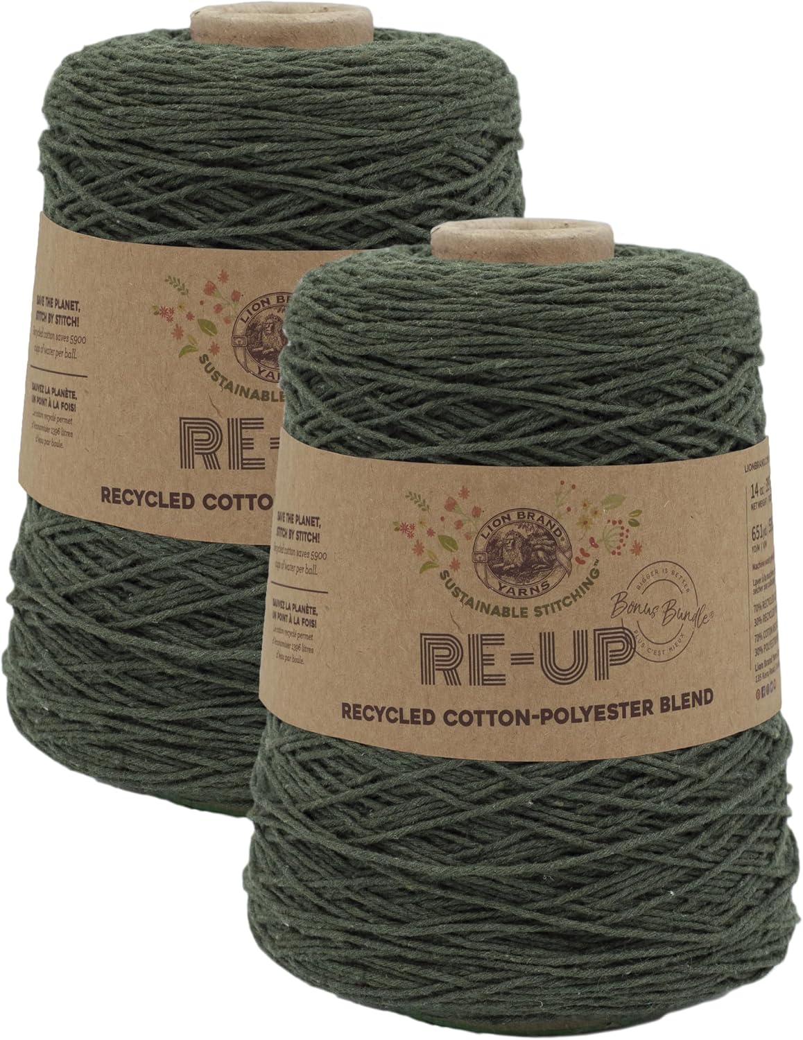 Lion Brand Yarn, Re-Up Bonus Bundle Yarn, Everglade, Green, 2 Pack | Recycled Cotton, Polyester Blend Yarn for Knitting, Crochet, Crafts, Worsted Fiber for Bags, Kitchen Dishcloths, Blankets