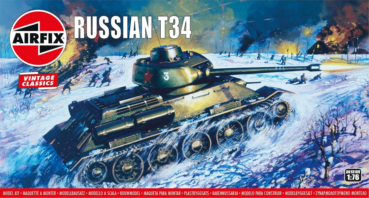 Airfix Model Tank - A01316V Russian T34, Plastic Model Kits for Adults & Kids 14+, 1:76 Scale, Skill Level 2, WW2 Theme Military Models, World War 2 Tanks