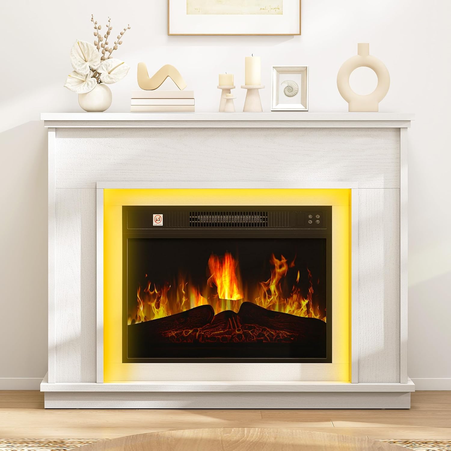 TAUS Fireplace with 39" Surround, White Electric Fireplace Free Standing with Realistic Flame Effect Fireplaces Heater, with Timer and 7 Color LED Light Strip and Remote Control