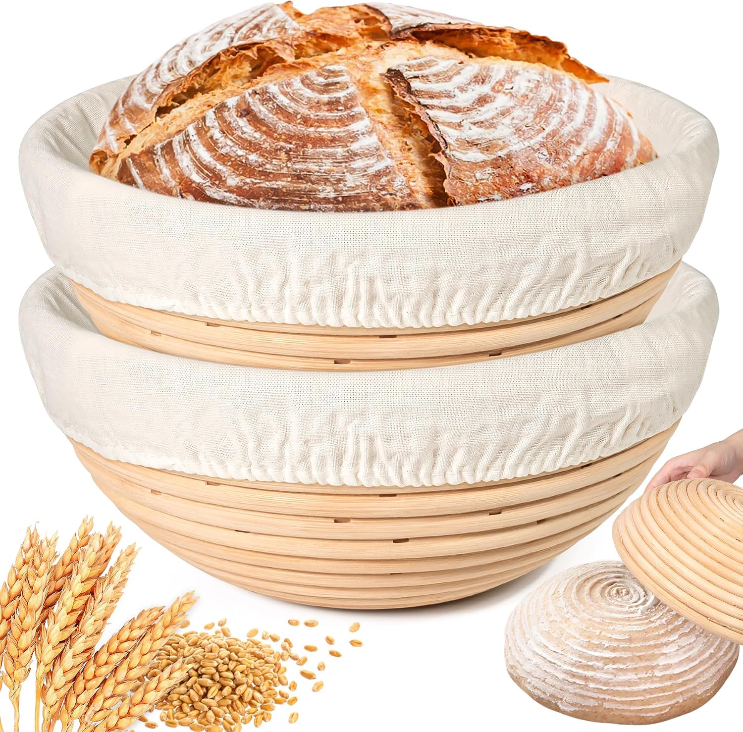 Banneton Bread Proofing Basket, 2 Pack 9 Inch Sourdough Banneton Baskets with Linen Liners | Rattan Round Banneton Bread Basket for Sourdough Baking Supplies | Non-Stick Bread Proofing Bowl Gifts
