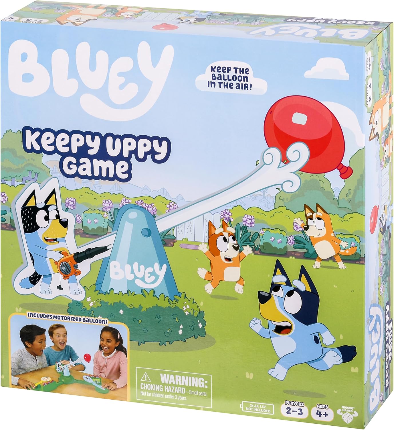 Bluey Moose Keepy Uppy Game Help, Bingo, and Chilli Keep the Motorized Balloon in the Air With the Character Paddles For 2-3 players Ages
