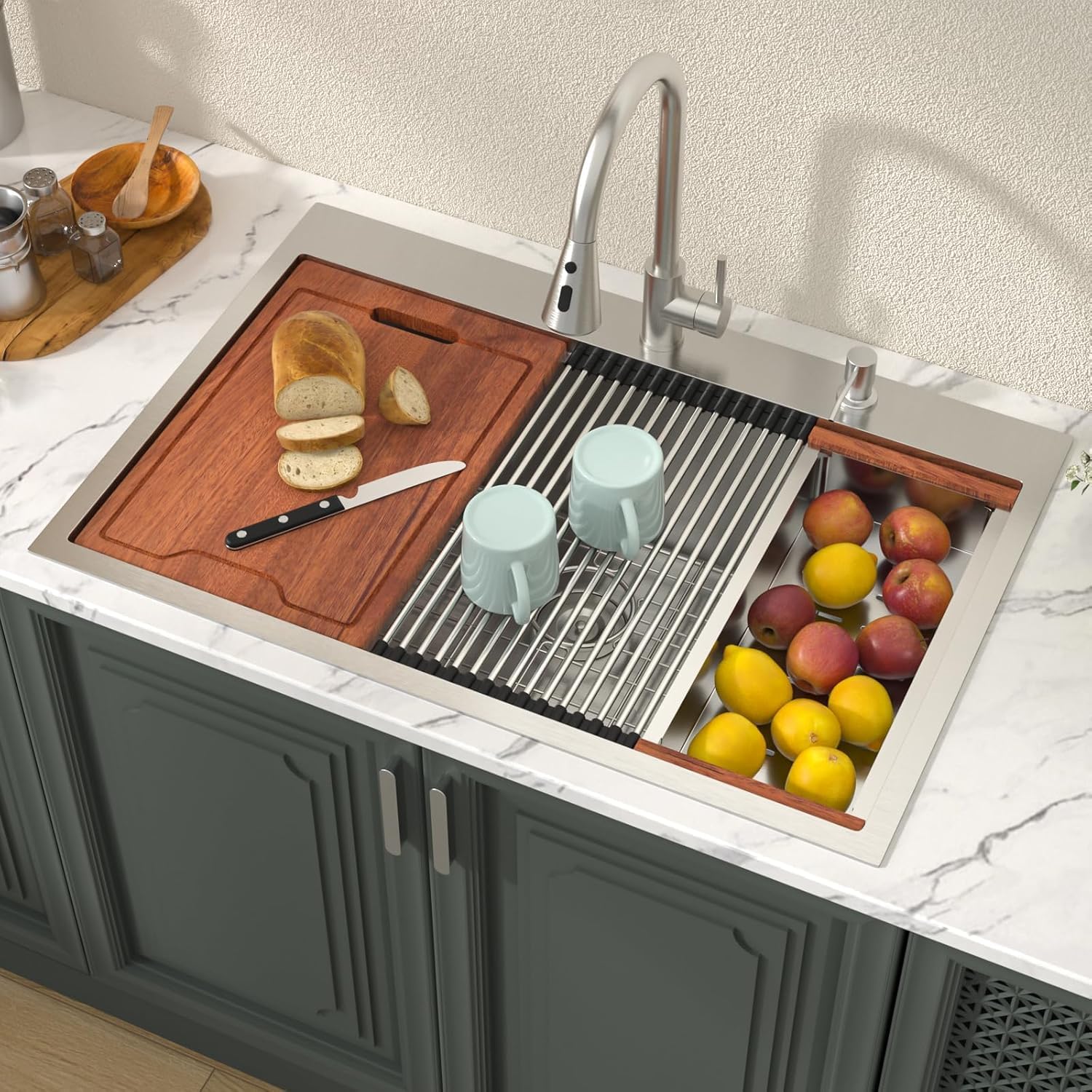 Lordear 33 Inch Drop In Kitchen Sink Workstation All In One SUS304 16 Gauge Stainless Steel 33x22 Drop In Sinks Single Bowl Handmade Above the Counter