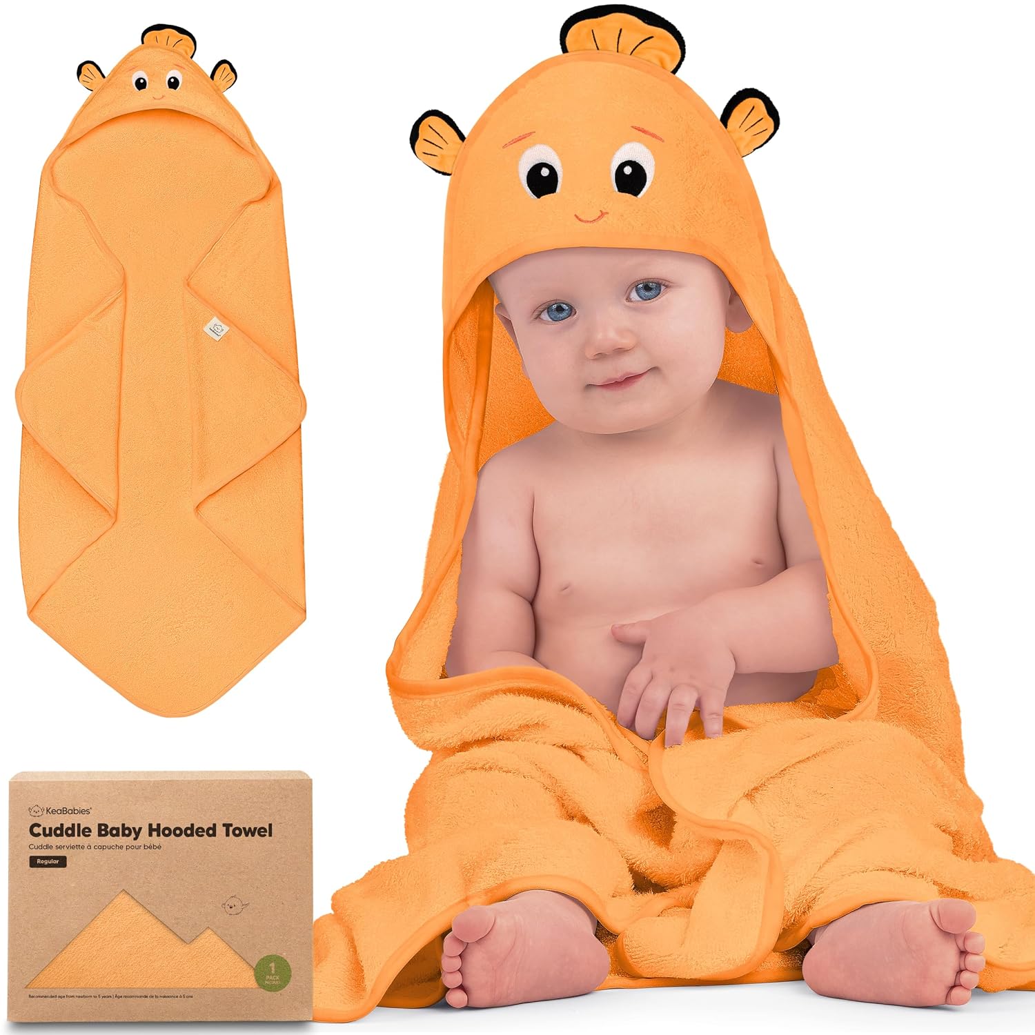 KeaBabies Hooded Baby Towel for Newborn, Baby Bath Towels(Clownfish, 35x35)