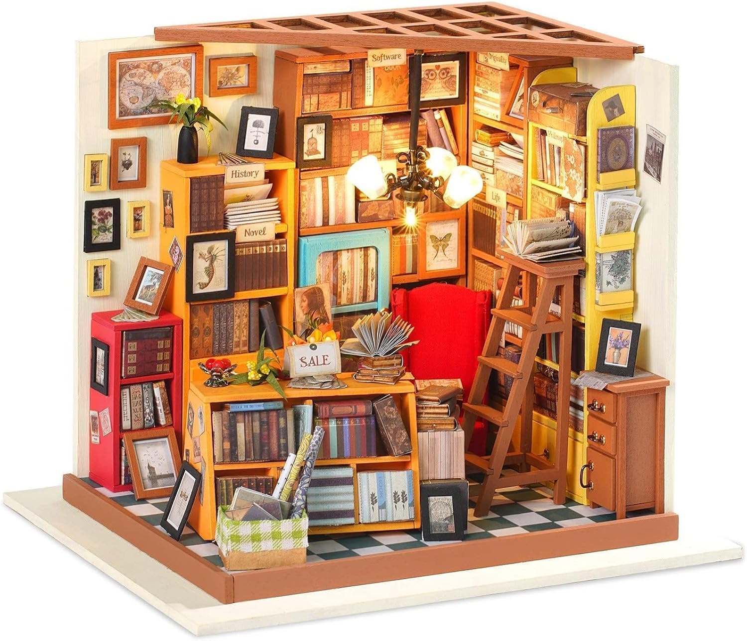 RoWood DIY Miniature Doll House Kit Library, Wooden Dollhouse Model Building Kits, Craft Kits Gifts for Adults and Teens for Christmas