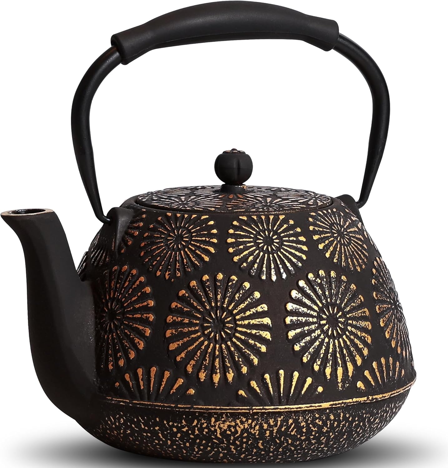 MILVBUSISS Cast Iron Teapot, 1200ml Large Capacity Tea Kettle with Infuser for Stove Top, Sakura Design Japanese Tea Pot for Loose Leaf Coated with Enameled Interior, Silicone Handle 40oz Black