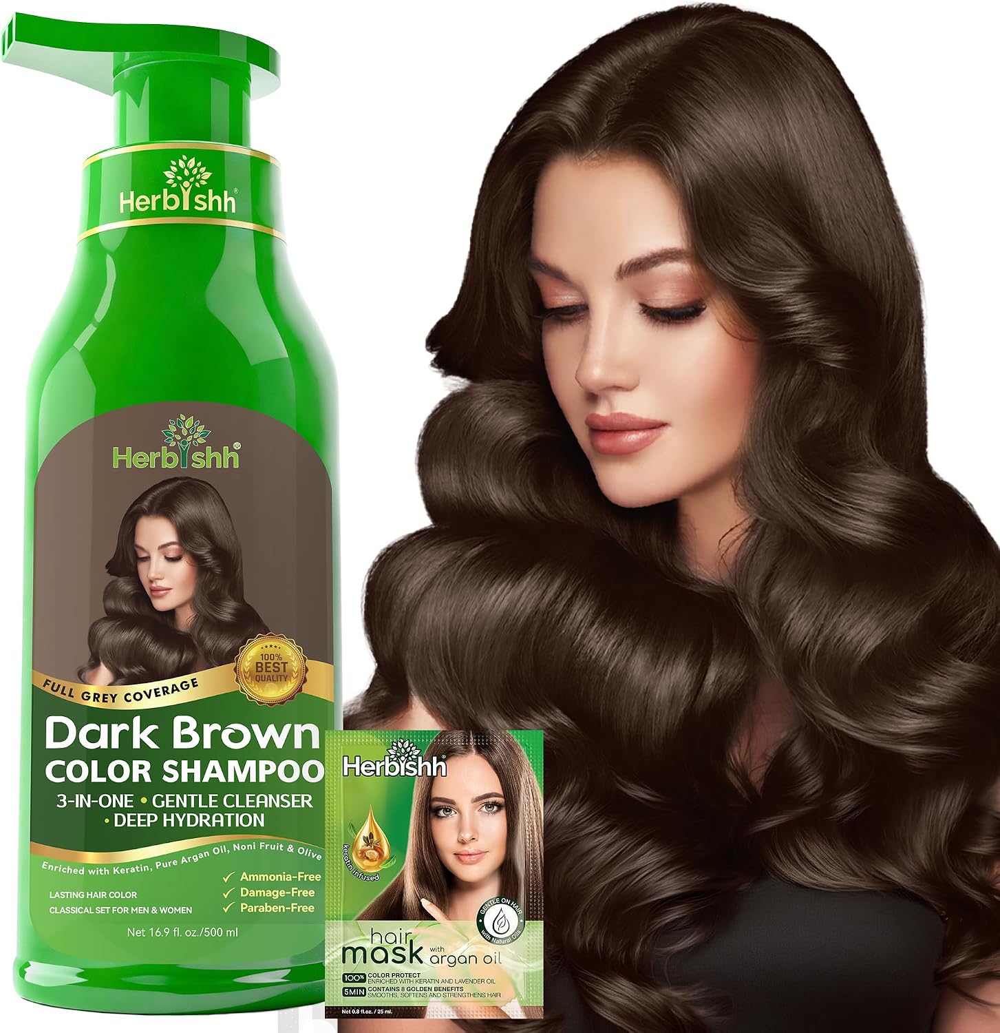 Herbishh Hair Colour Shampoo for Grey Hair, Dark Brown, 500 ml, Ammonia-Free 3-in-1 Hair Dye Shampoo, Colours Hair in Minutes, Long-Lasting Colour