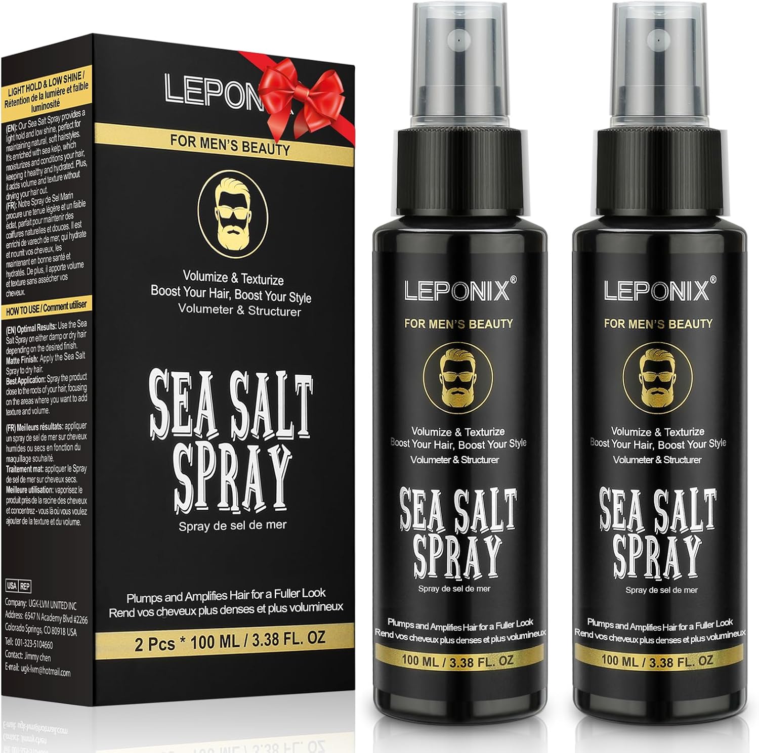 Sea Salt Spray for Hair Men - Texturizing & Thickening Sea Salt Spray with Kelp, Aloe Vera & Red Algae Extract, Mens Hair Products for Adds Instant Volume, Texture, & Light, Travel Hairspray 2x100ml