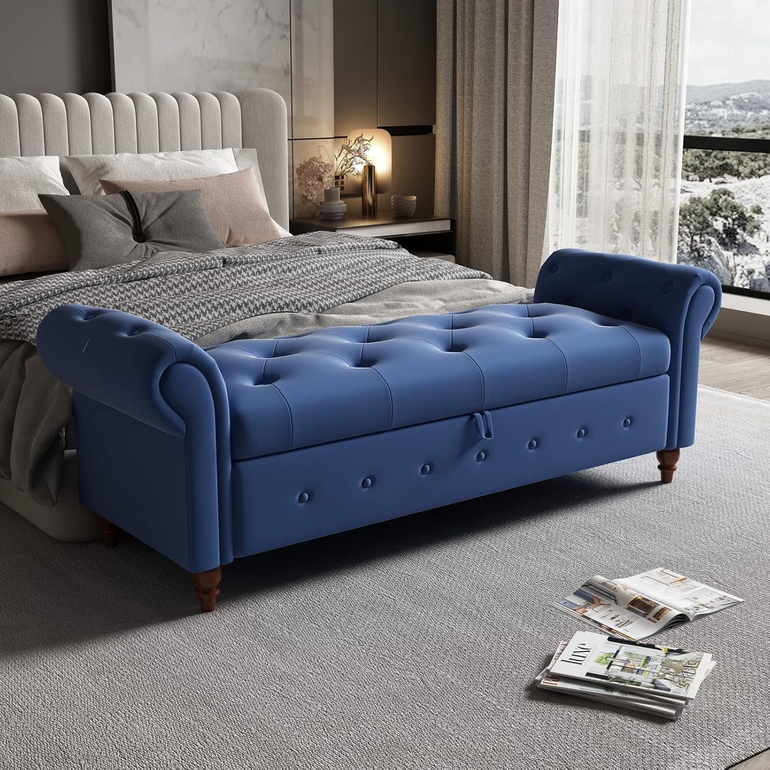 NIOIIKIT 63'' Storage Ottoman Bench, Button Tufted End of Bed Bench, Rolled Armed Ottoman Couch Long Bench for Bedroom, Living Room, End of Bed, Hallway (Blue Polyester)