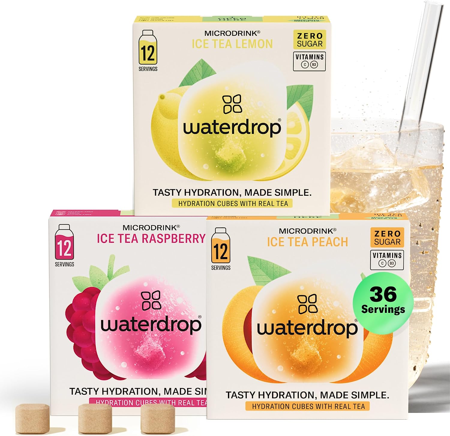 Waterdrop® Microdrink Iced Tea Set | 36 Ice Tea Drops Cubes | Zero Sugar Powder | 3 Fruity Varieties: Black Tea + Peach, Green Tea + Lemon, Black Tea + Raspberry | Valuable Vitamins