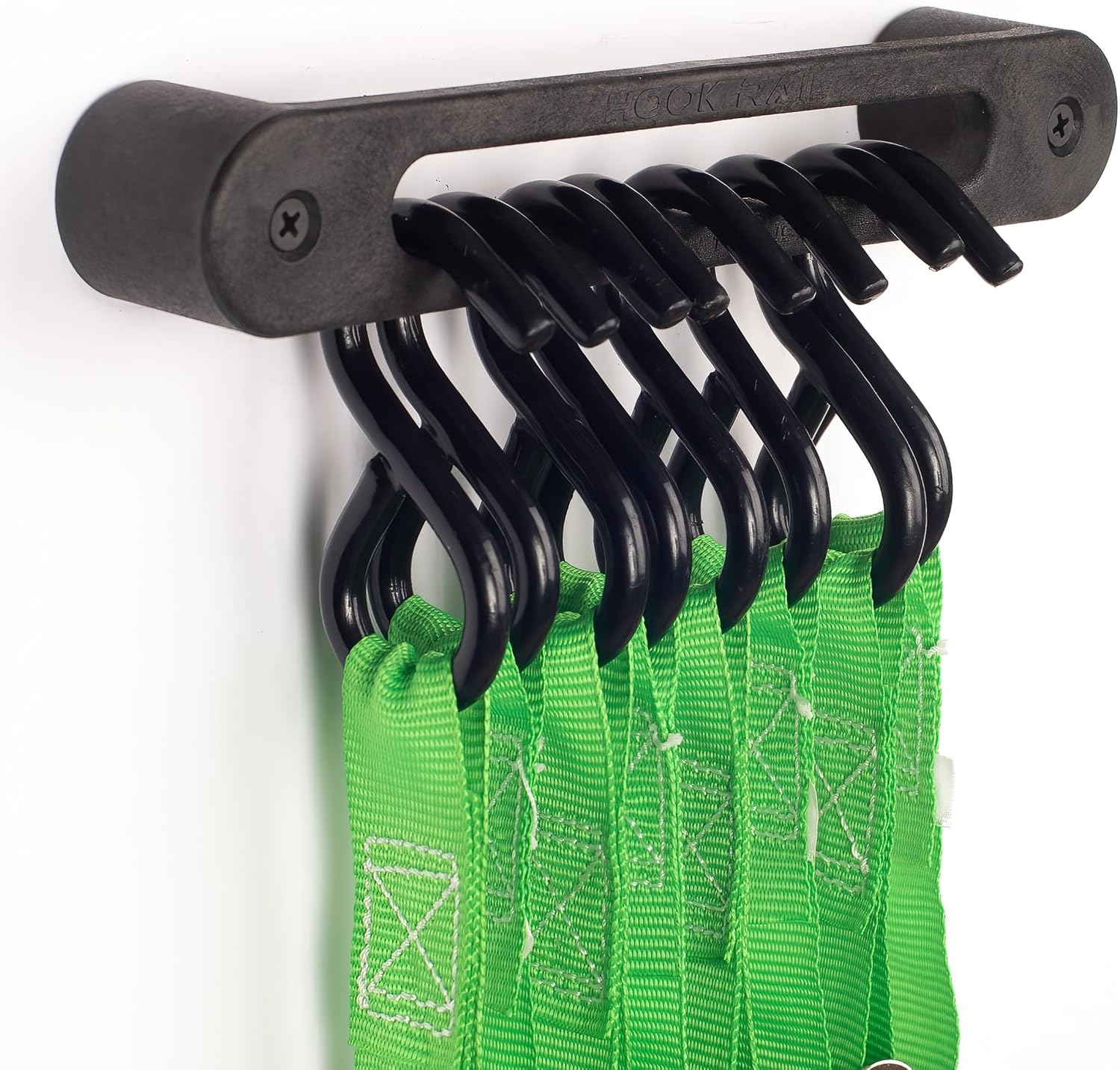 Hook Rail - 2/pk - Organize Your Tie-Down Straps (Ratchet, Cam buckle, Bungee Cords, and more) A low-profile wall-mounted cargo strap management solution for your enclosed trailer, garage, or home.