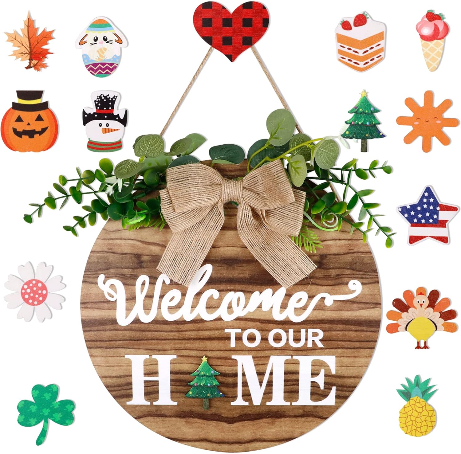 Welcome Sign for Front Door, Wooden Door Wreath with 14 Changeable Icons, Round Hanging Welcome Wreaths Farmhouse Porch Sign for Home House Wall Decorations Housewarming Gift