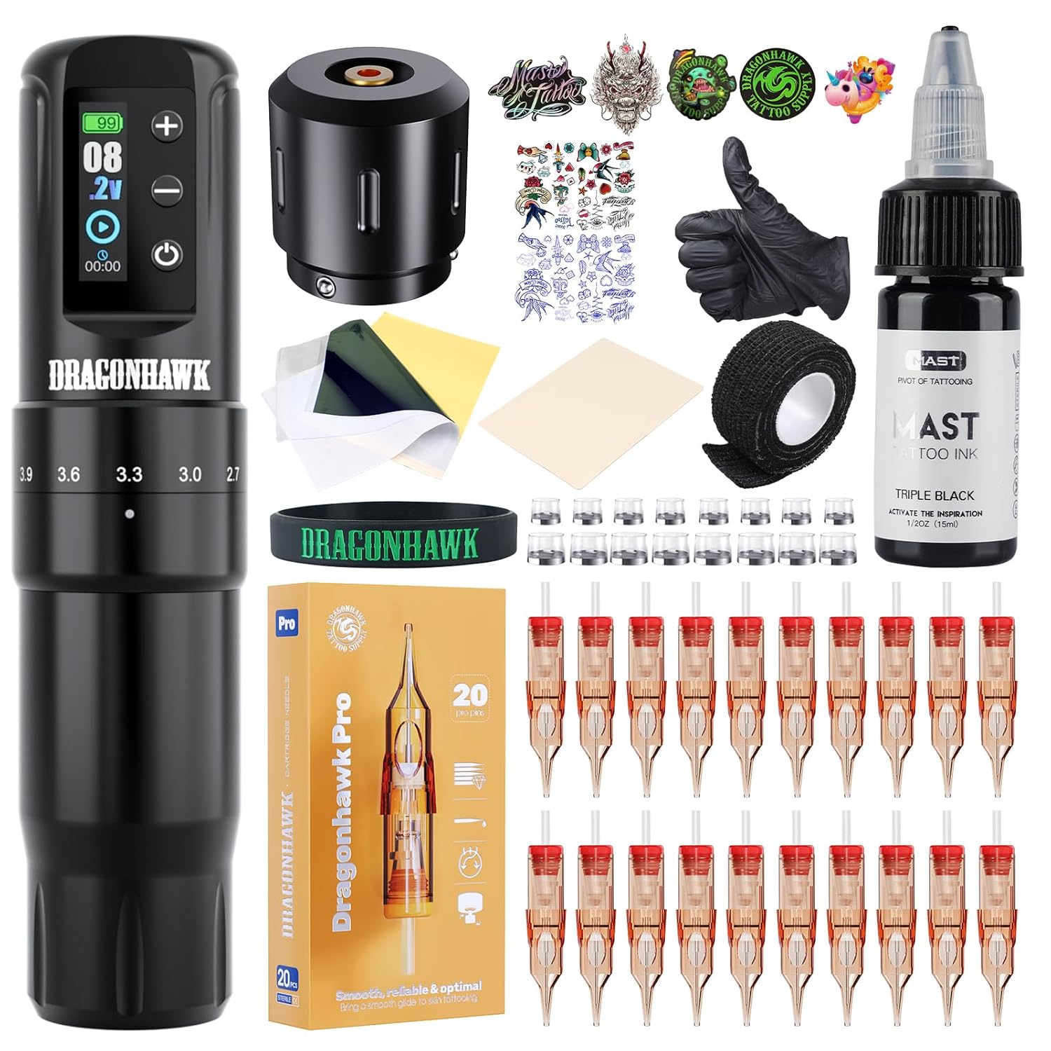 Dragonhawk Wireless Beginner Tattoo Kit Atom2 Pro Cordless Rotary Tattoo Gun Machine Pen Complete Tattoo Kit 7 Strokes 2.4-4.2mm