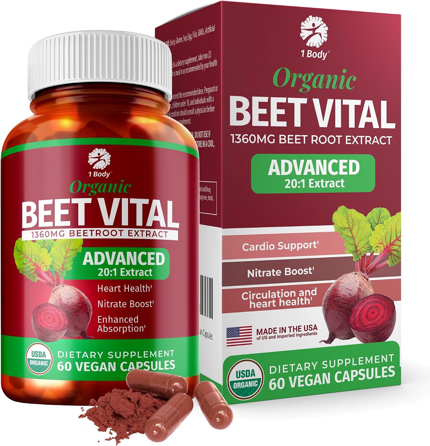 1 Body Beet Vital, Organic Beet Root Supplements for Circulation, Energy, & Stamina, Nitric Oxide Booster Beets Supplements with 1360mg Beetroot Extract, Vegan, Non-GMO, 60 Beetroot Capsules