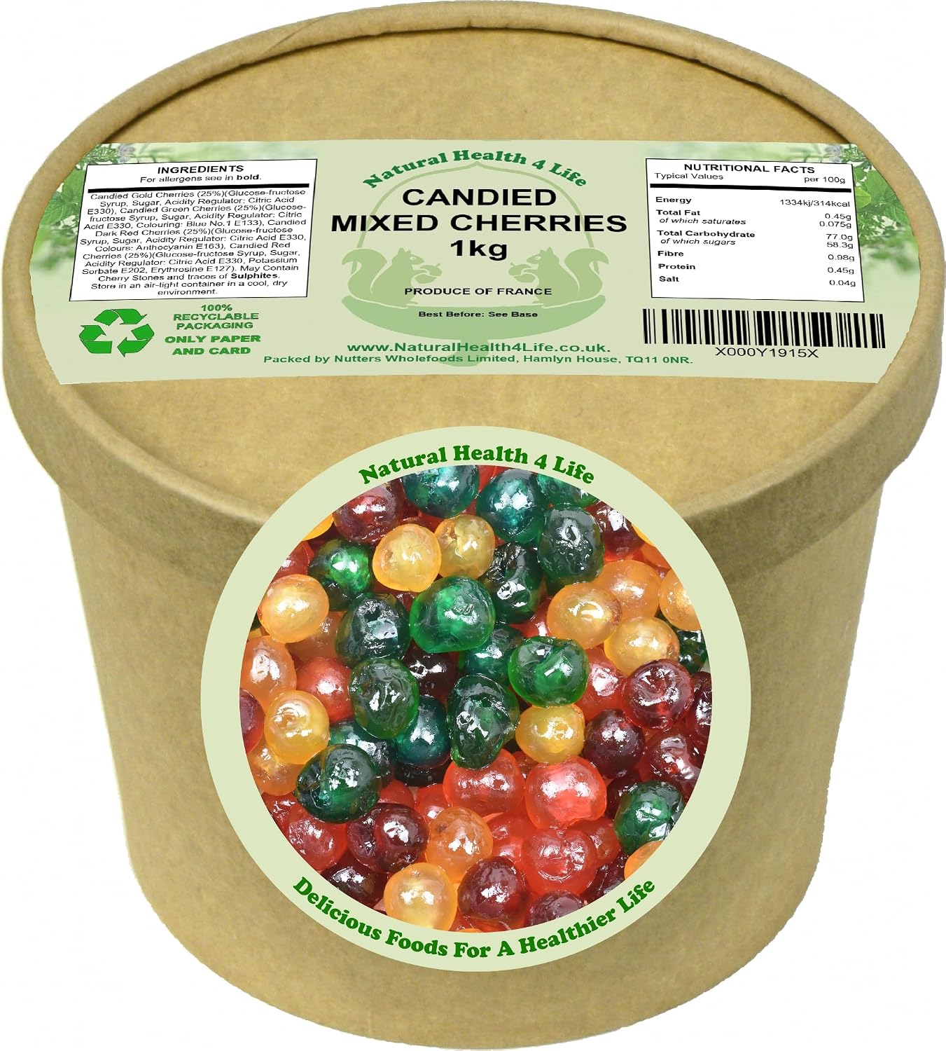 Natural Health 4 Life Candied Whole Mixed 4 Colour Glace Cherries 1kg, Cherries for Baking, Cake Decorating, Christmas Recipes, Fat Free, Vegetarian, Eco-Friendly Tub, Produce of France (1tub)