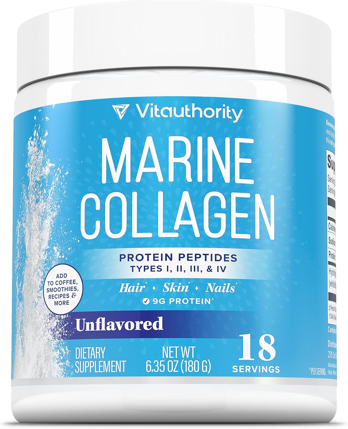 Vitauthority Marine Collagen Peptides Powder Supplement | Hydrolyzed Fish Collagen Peptides | 10,000mg per Scoop, 9g Protein, Skin, Hair, Nail Sustainably Sourced Whitefish | Unflavored 18 Servings