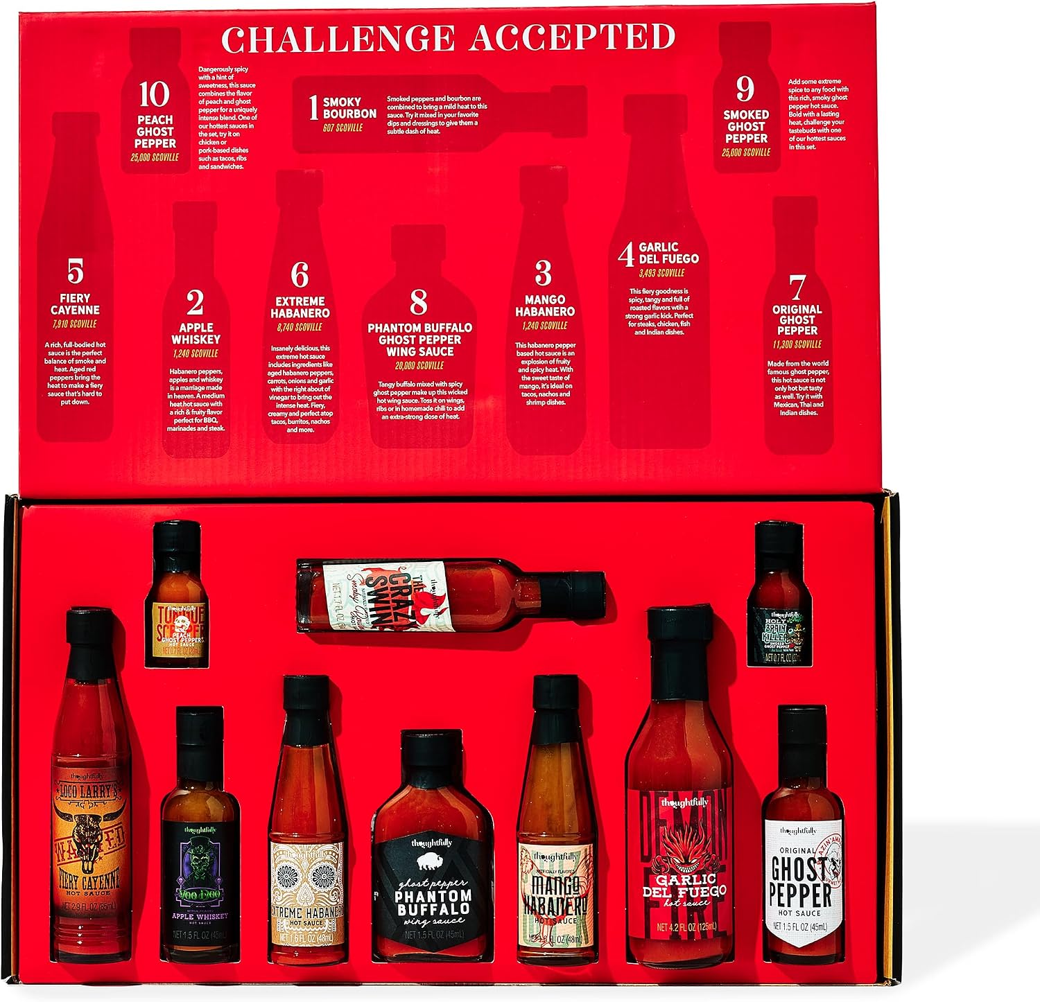 Thoughtfully Gourmet, Hot Sauce Challenge Gift Set, Includes Spicy Hot Sauces for a Hot Sauce Challenge, Pack of 10