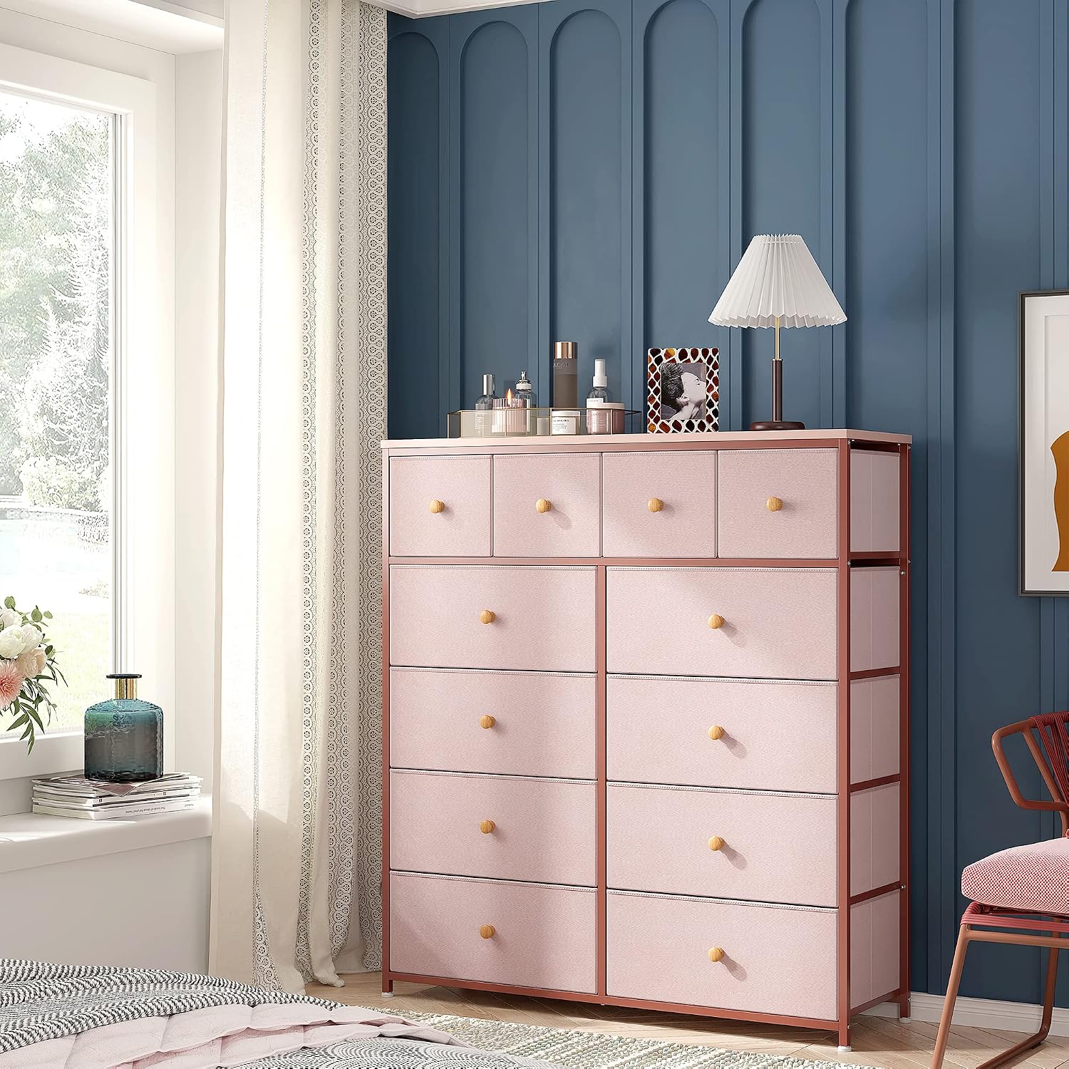 EnHomee Chest of Drawers, 12 Drawer Chest of Drawers with Easy Pull Handle, Pink Chest of Drawers for Bedroom, Tall Fabric Drawers for Girl, Storage Living Rooms, Closet, Hallway.