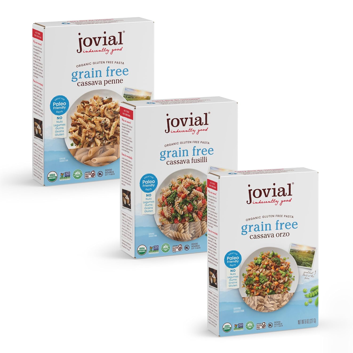 Jovial Grain-Free Cassava Pasta Variety (Orzo, Penne and Fusilli) - Cassava Pasta, Paleo Pasta, Gluten Free Pasta Spaghetti, Grain-Free, Gluten-Free, Organic, Non-GMO - 3 Pack, 1 of Each Flavor