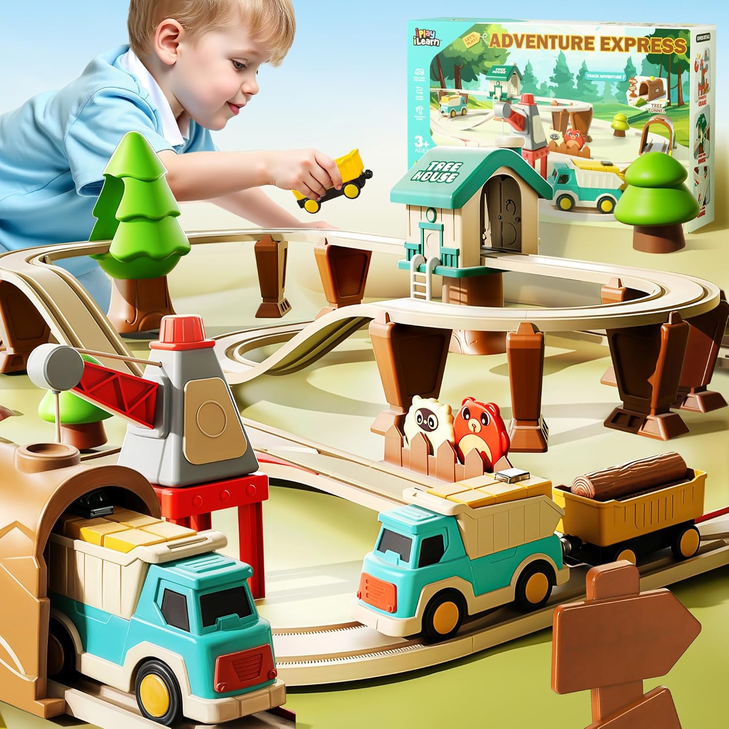 iPlay, iLearn 62PCS Electric Train Track Set for Kids, Toddler Motorized Magnetic Train Toys W/Trailer, Forest Adventure Railway Playset, Birthday Gifts for 3 4 5 6 7 8 Year Old Boys Girls Children