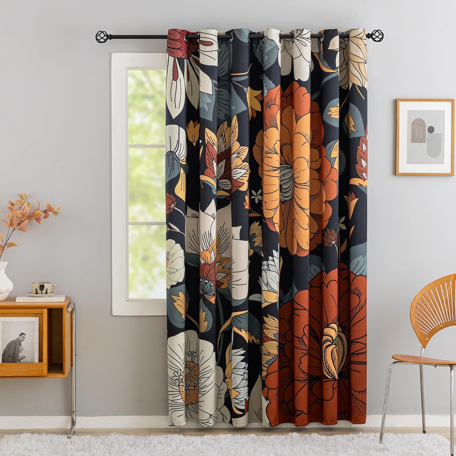 Black Boho Floral Blackout Curtains for Sliding Glass Doors 84 inch Length Extra Wide Curtains for Patio Sliding Door Living Room, Grommet Room Divider Thermal Insulated Curtains, W100 x L84