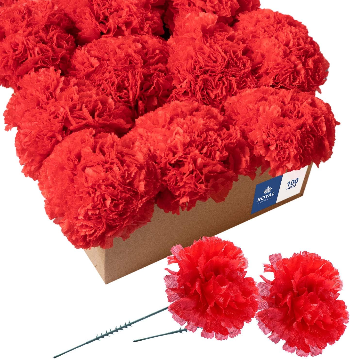 Royal Imports Artificial Carnations, Silk Faux Flowers, for Funeral Arrangements, Wedding Bouquets, Cemetery Wreaths, DIY Crafts - 100 Single 5" Stems - Red