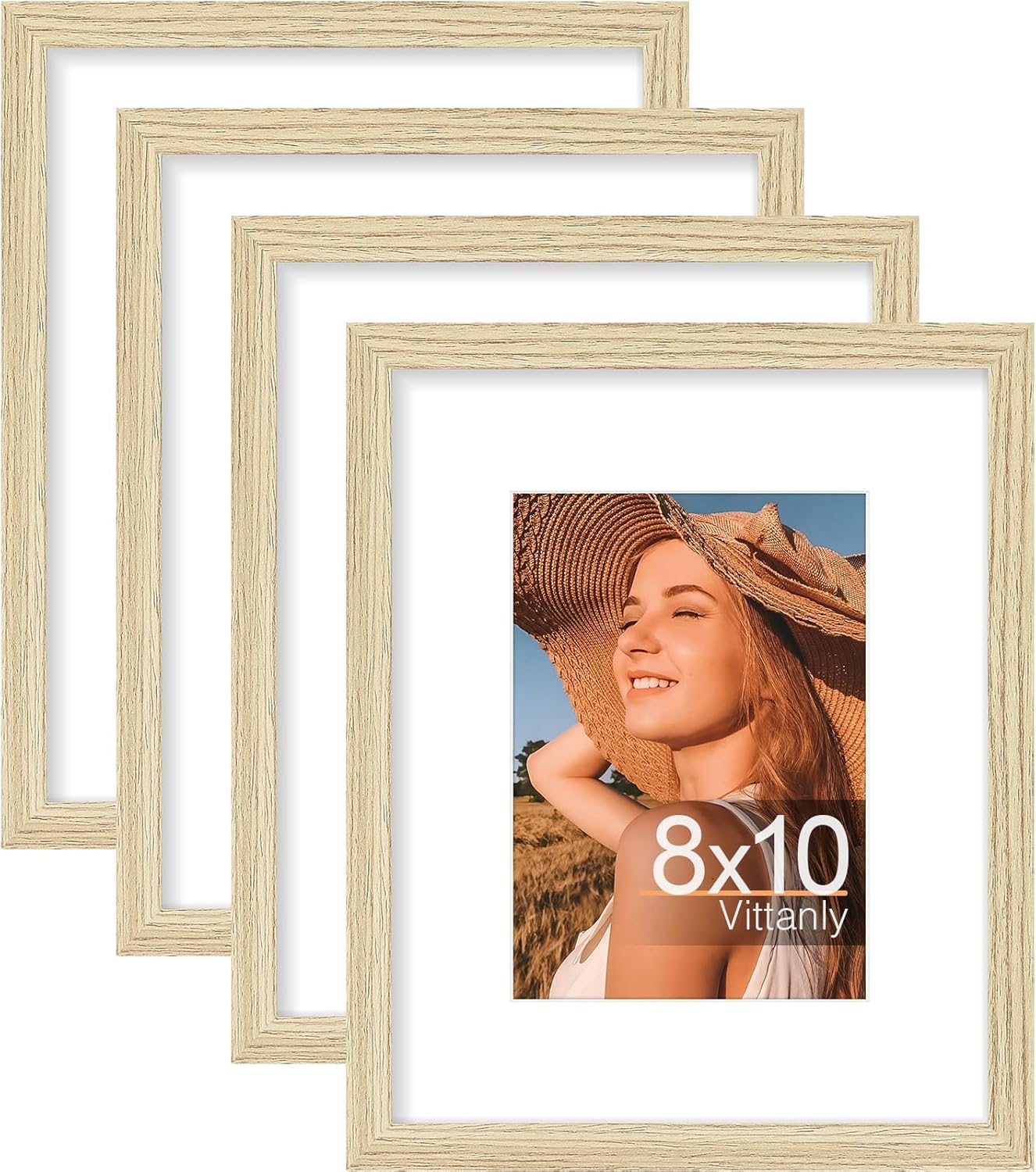 Vittanly 8x10 Picture Frame Set of 4, Display Pictures 5x7 with Mat or 8x10 without Mat, Engineered Wood with Shatter Resistant Plexiglass, Wall Gallery Photo Frames for Wall or Tabletop, Natural