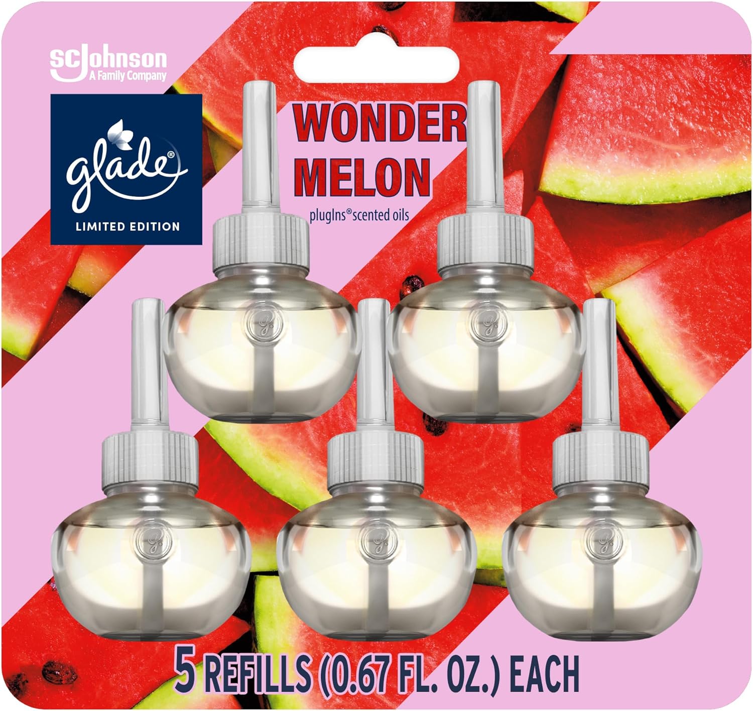 Glade PlugIns Refills Air Freshener, Wonder Melon, Scented and Essential Oils for Home and Bathroom, 0.67 Fl Oz, 5 Count