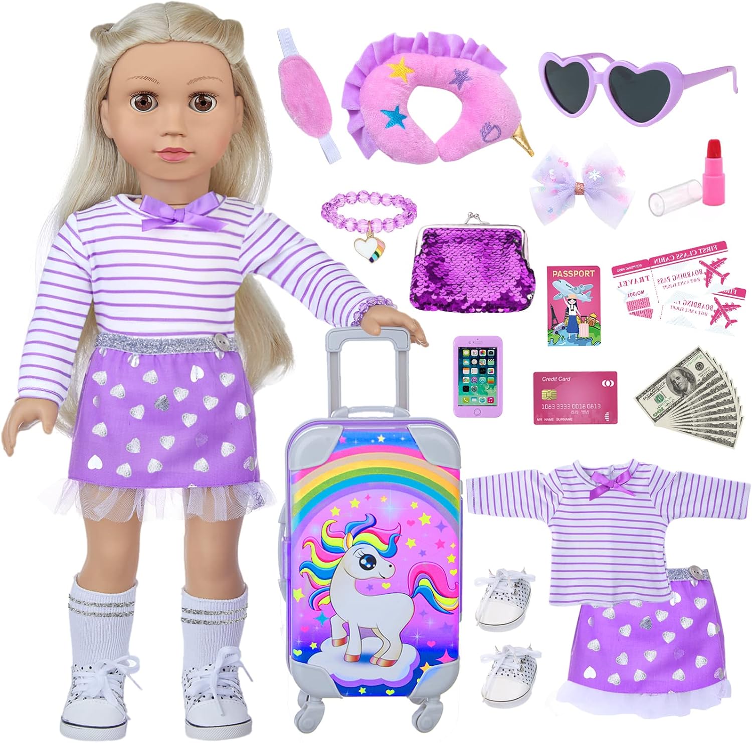 DONTNO 29 Pcs American Doll Clothes and Accessories, Cute Travel Play Set fit 18 Inch Doll with Purple Clothes Suit, Unicorn Suitcase, Handbag, Camera, Sunglasses for Kids(No Doll)