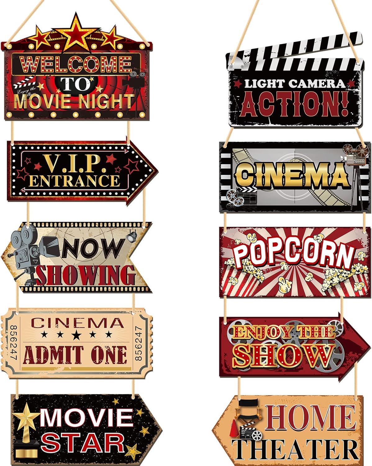 10 Pieces Wooden Movie Theater Decor Hanging Vintage Decor Classic Home Theater supplies Rustic Movie Room Accessories Wood Living Room supplies for Cinema Theme Wall Art Signs Plaque