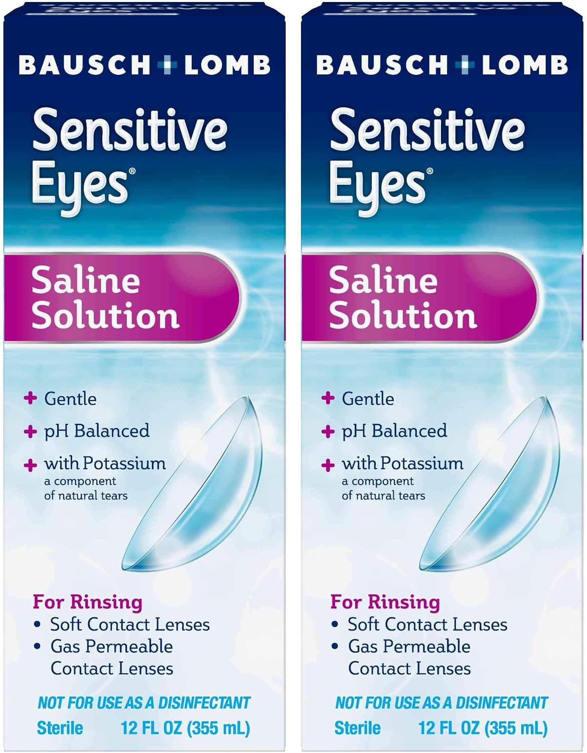 Bausch + Lomb Sensitive Eyes Saline Solution, Gentle Daily Rinse for Soft & Gas Permeable Contact Lenses, with Potassium, 12 Fl Oz, (Pack of 2)
