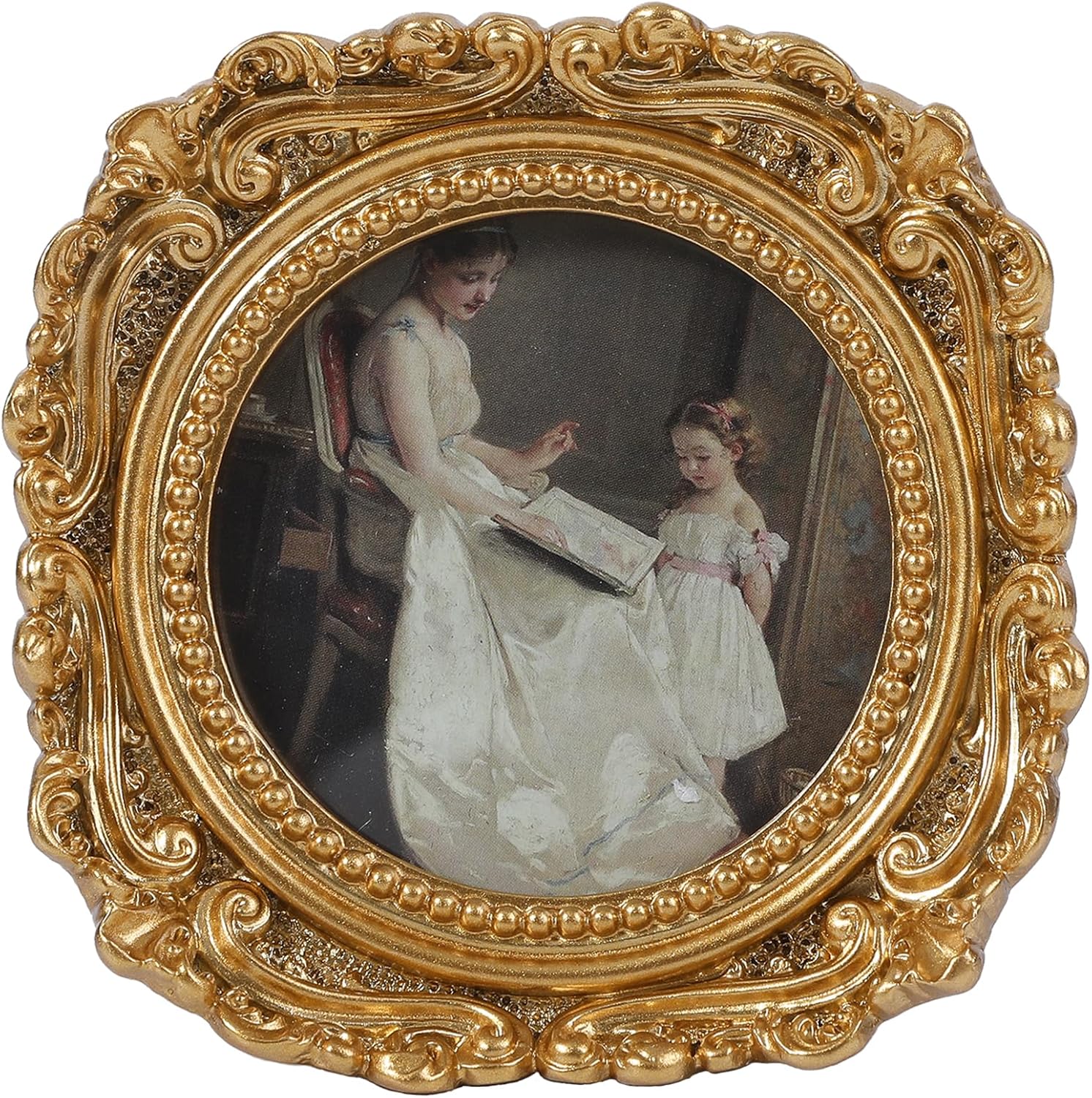 Vintage Picture Frames 3x3 Round Gold - Antique Ornate Small Picture Frames with Hooks and Easel Stand Wallet Size Victorian Decor for Gallery Wall and Tabletop