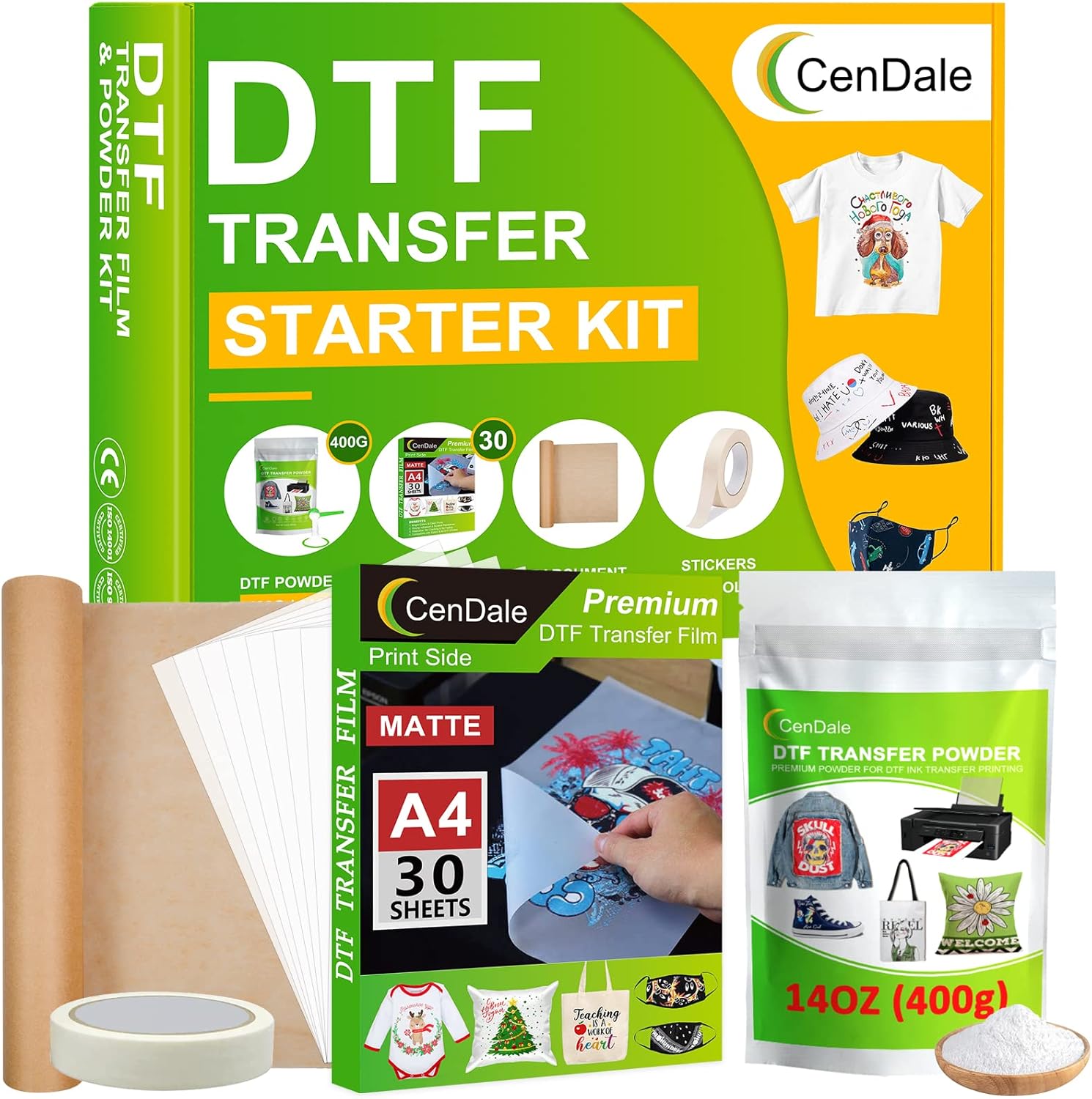 CenDale DTF Transfer Film and Powder Kit - 30 Sheets A4 PET Film and 10oz White Digital Hot Melt Adhesive for Any Fabrics and Colors, DTF Starter Kit for DTF&Sublimation Printer, DTF Sublimation Hack