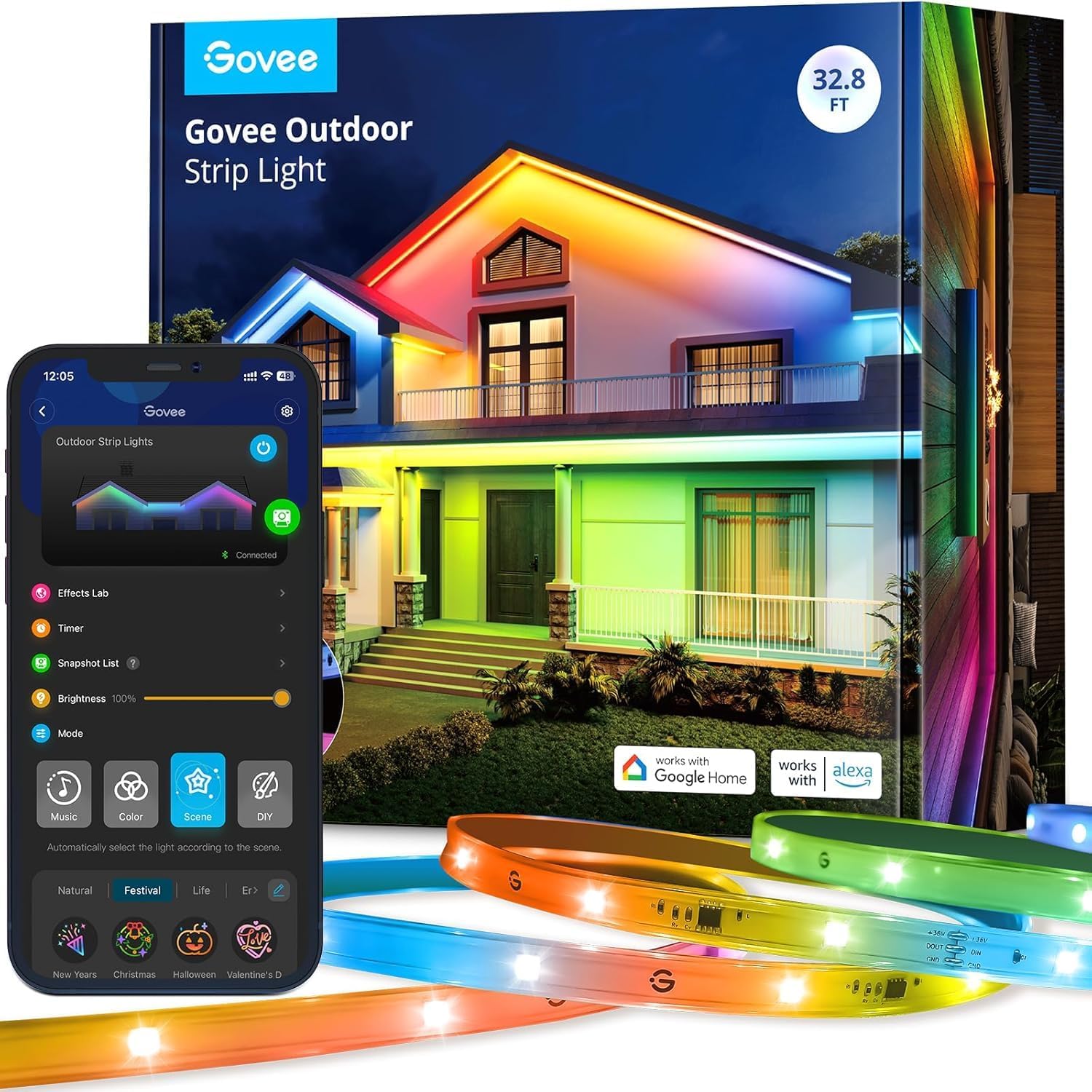 Govee Outdoor LED Strip Lights, 10m RGBIC Outdoor Lights Work with Alexa, IP65 Waterproof, Music Sync Rope Lights for Roof Eave Balcony Garden