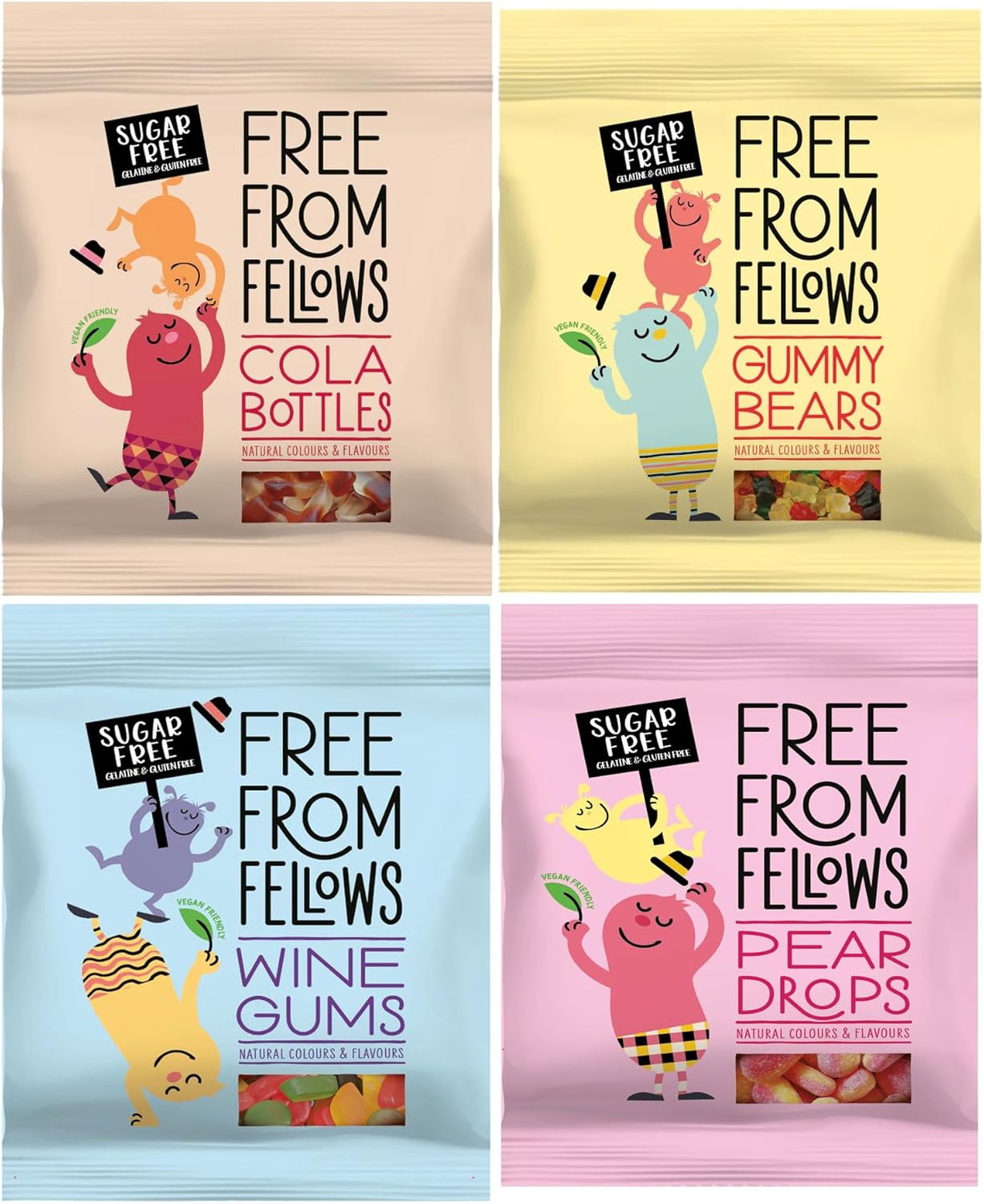 Sugar Free Sweets - Vegan Sweets - Free From Fellows (4x70g) : Gummy Bears, Cola Bottles, Wine Gums, Pear Drops - Gluten Free Sweets - Gummy Sweets - Vegetarian Sweets - Bulk Sweets + Cheeroo Magnet