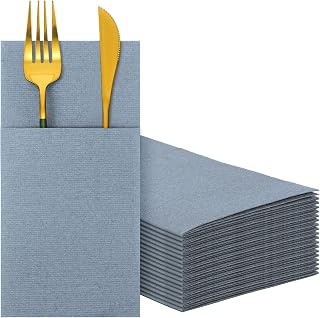 Seajan 35 Pieces Pocket Napkins, Linen Feel Napkins, Disposable Airlaid Paper Napkins Prefolded Dinner Napkins with Built in Flatware Pocket for Silverware Wedding Party(Dusty Blue)