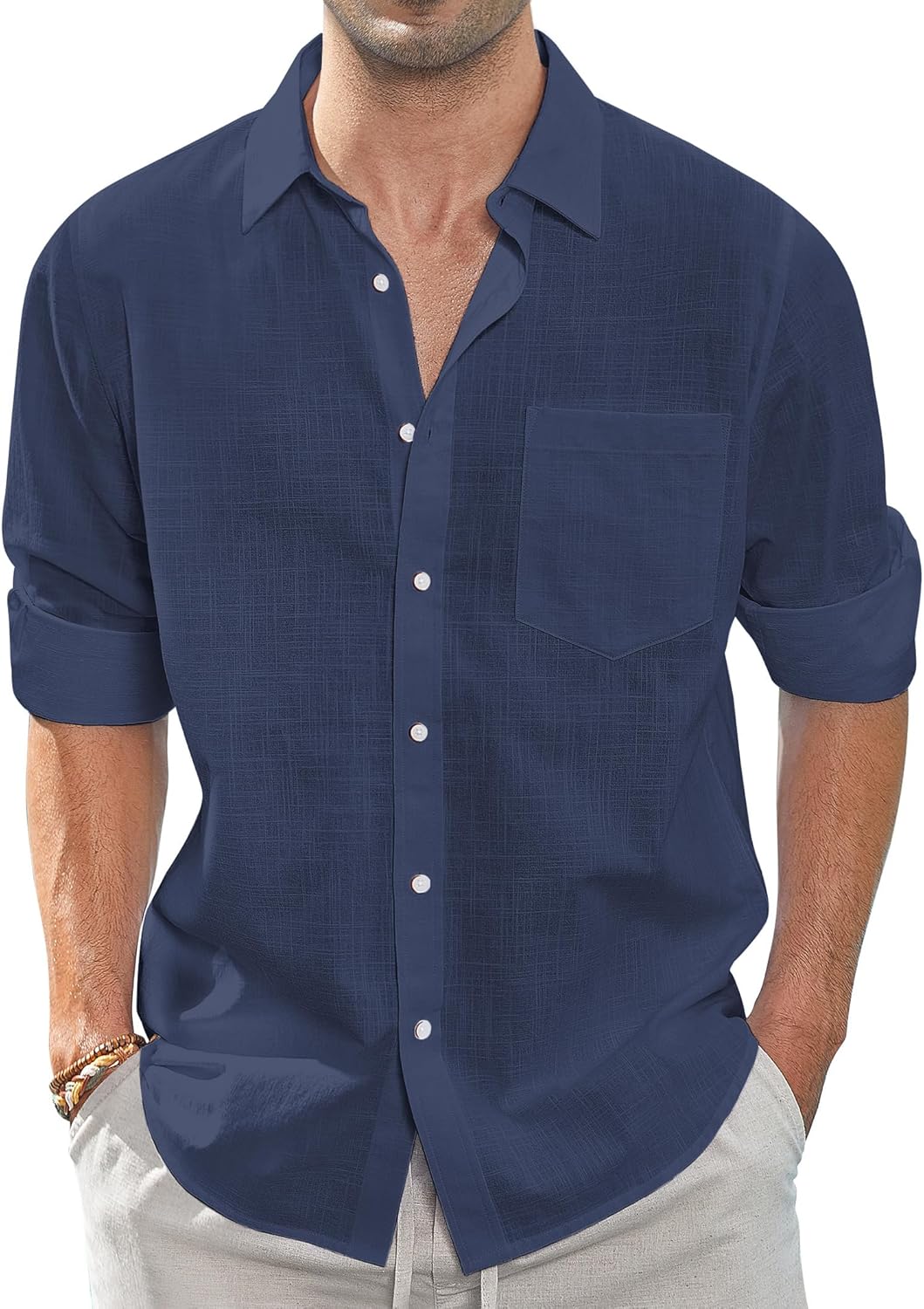 J.VER Men's Linen Cotton Shirts Long Sleeve Regular Fit Casual Solid Shirt Lightweight Summer Beach Tops with Pocket