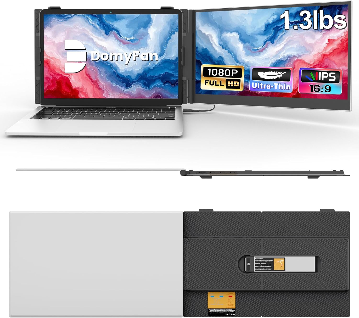 14" Laptop Screen Extender, Ultra-Thin Portable Dual Laptop Monitor Extender with FHD 1080P IPS Display, Plug & Play via HDMI/USB-A/Type-C for 13-17" Laptops, Works with Windows/Mac/Android