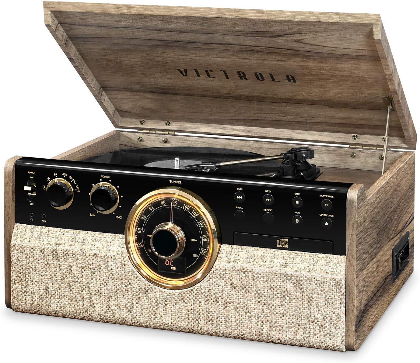 Victrola The Empire Mid-Century 6-in-1 Turntable & Multimedia Center with Built-in Speakers – 3 Speed, Bluetooth Connectivity, Radio, Cassette & CD Player, RCA Out, Headphone Jack (Farmhouse Walnut)