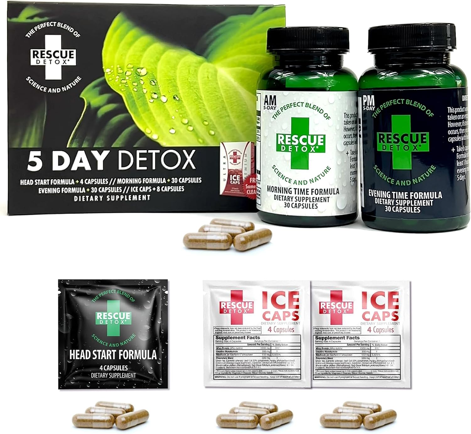 Rescue Detox 5 Day Permanent Detox Kit - 72ct Capsules | Comprehensive Full Body Cleanse with Bonus Instant ICE Caps