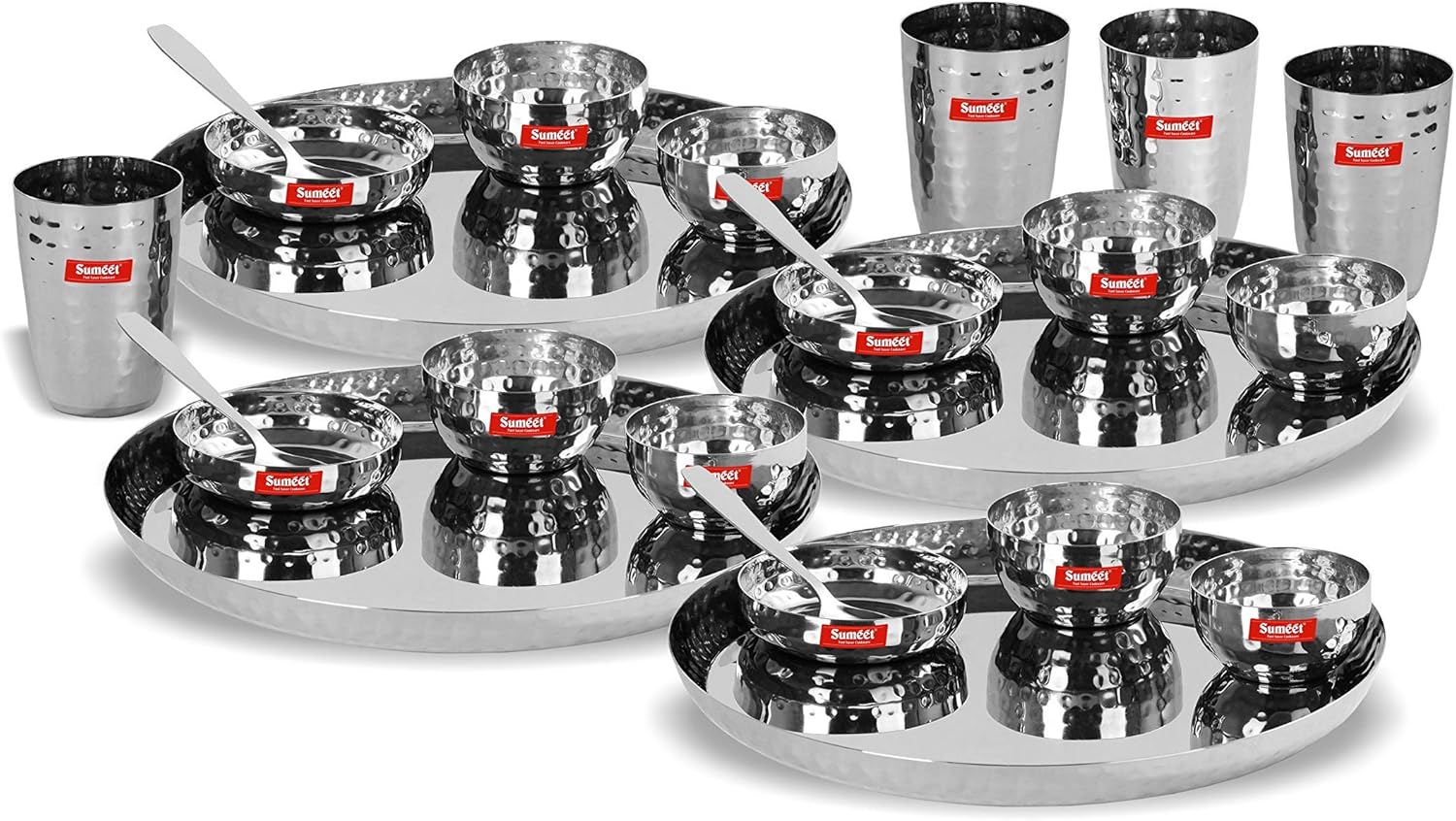 Sumeet Stainless Steel Handcrafted Hammered Texture Heavy Gauge Mirror Finish Royal Dinner set of 24 Pcs (4 Plate, 4 Small Halwa Plate, 4 Big Bowl/Wati, 4 Small Bowl/Wati 4 Glass, 4Spoon)