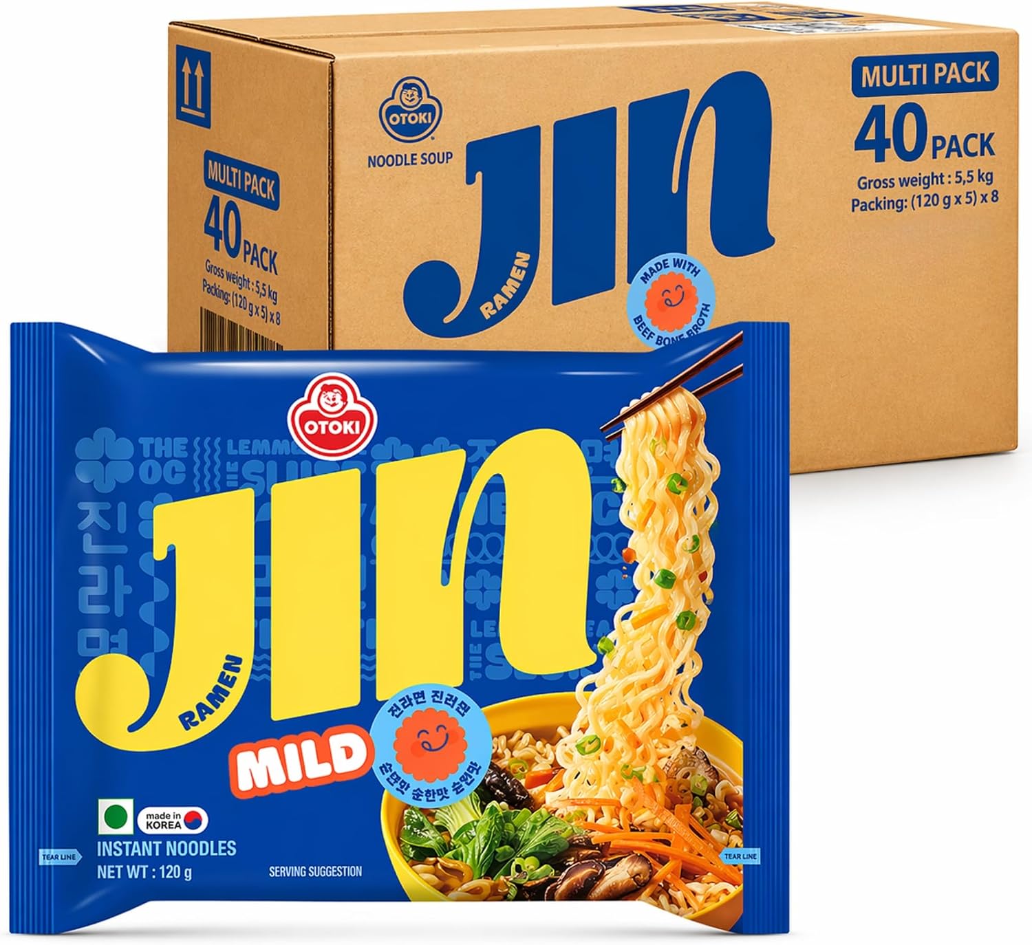 OTOKI Jin Ramen Mild Korean Style Instant Noodles (120g x 5) x 8 Packs | Chewy Ramyun with Savoury Broth | Korean Instant Ramen Multipack | Mild Noodle Meal