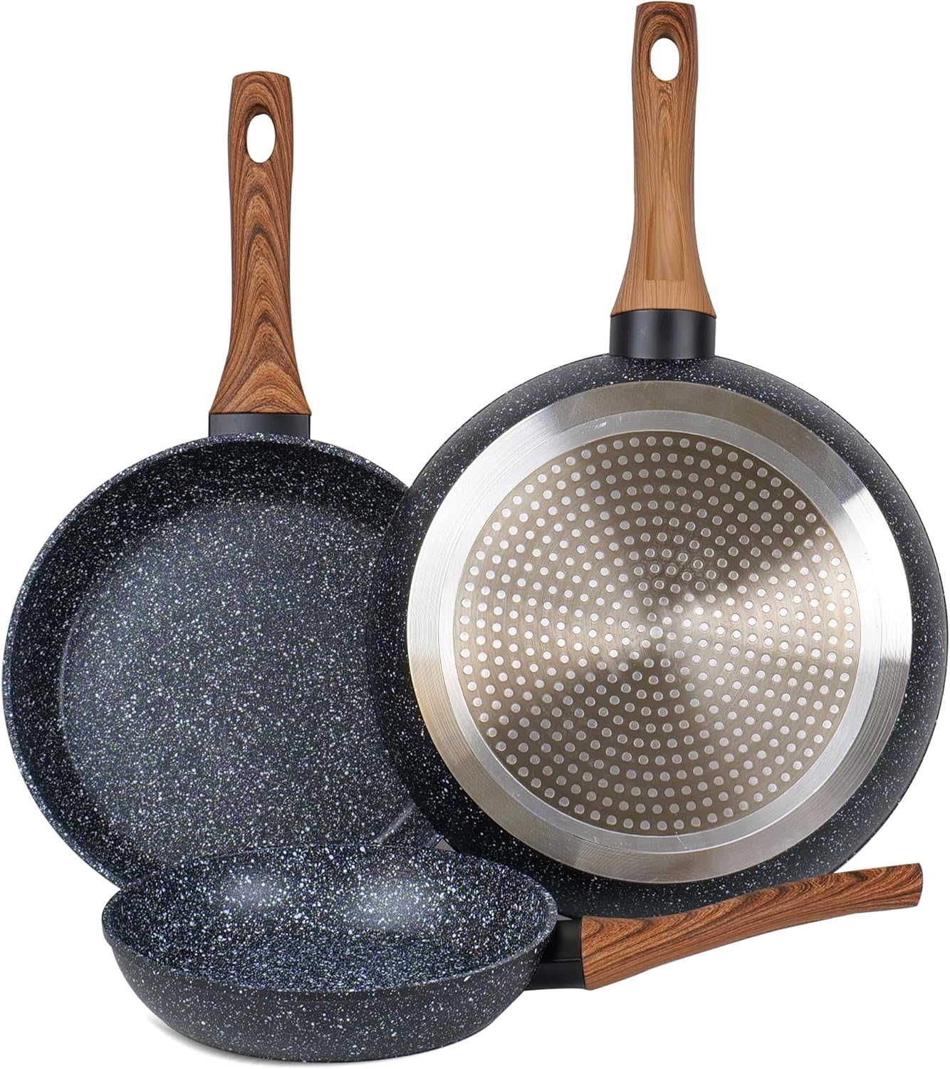 wellhouse 3PCS Non Stick Frying Pan Set Saute Fry Pan Granite Skillet Egg Omelette Pans Heat-Resistant Handle Nonstick Pots and Pans Cookware Set with Wood Detachable Handle