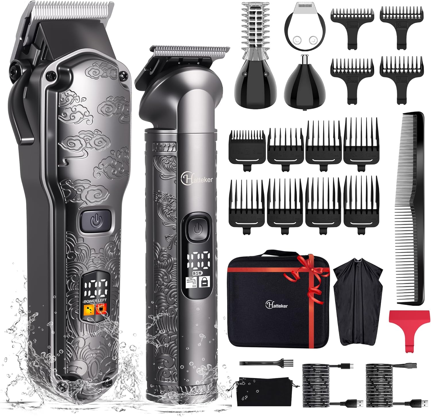 Hatteker Professional Hair Clippers for Men Beard Trimmer Clippers and Trimmer Set Waterproof T-Blade Trimmer Cordless Grooming Kit Nose Body Hair Trimmer Barber Clippers