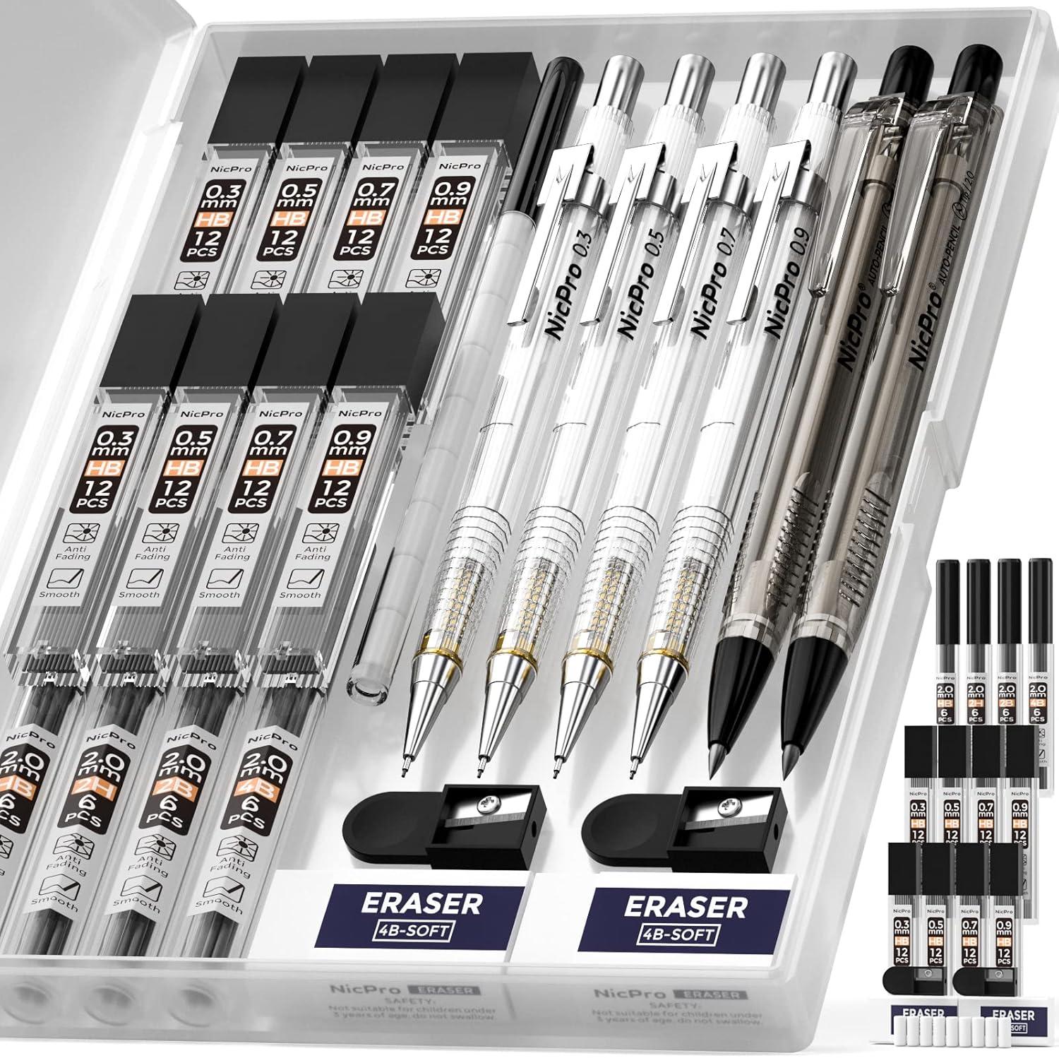 Nicpro 6 PCS Art Mechanical Pencils Set with Case, Drafting Pencil 0.3 & 0.5 & 0.7 & 0.9 mm and 2mm Lead Holder (4B 2B HB 2H) For Art Writing, Sketching Drawing,With Lead Refills Erasers Sharpener