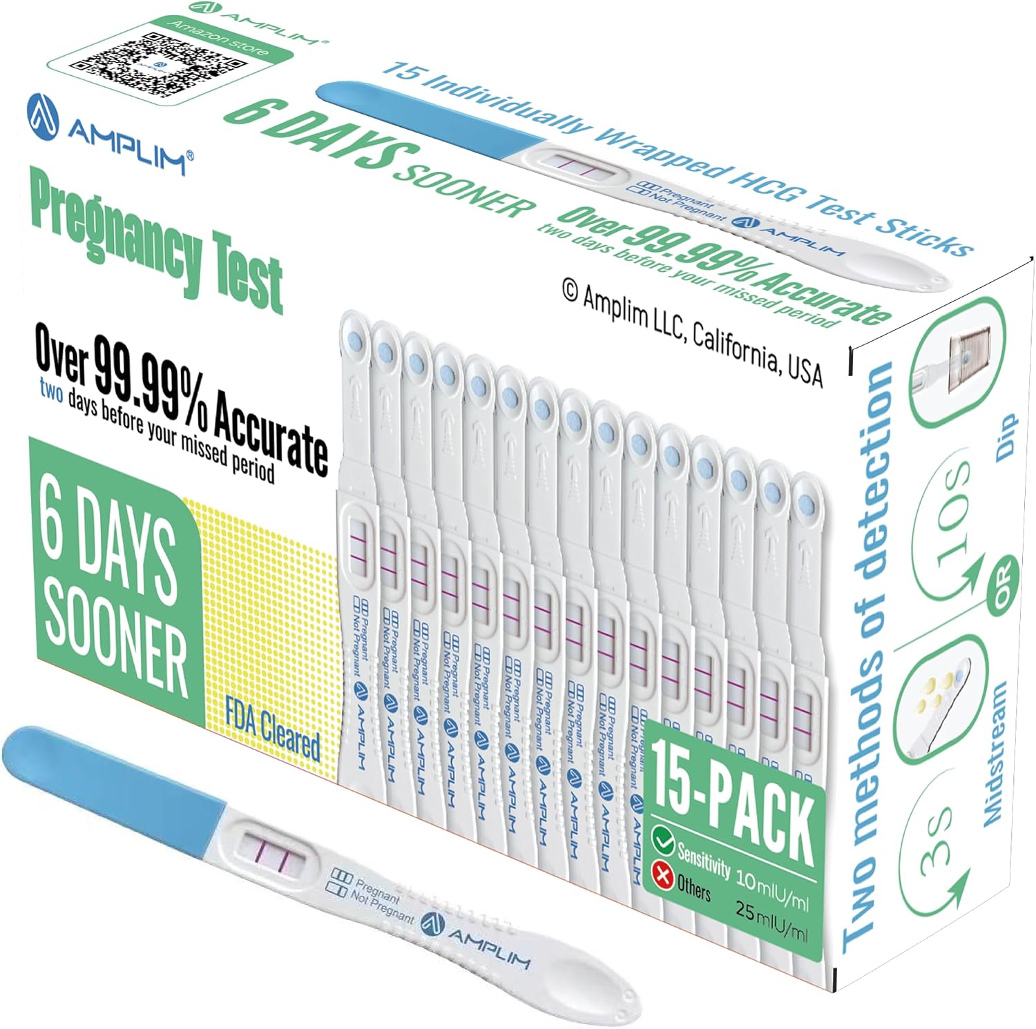 Amplim Fertility HCG Midstream/Dip Pregnancy Test Sticks | 99.99% Accurate, Ultra Sensitive 10 mIU/ml, 6 Days Early Detection Results at Home | Rapid 2-Sec Test | Bulk Pack of 15 Reliable Strip Sticks