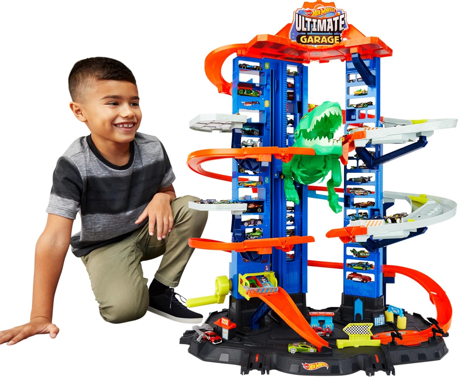 Hot Wheels Ultimate Garage Track Set with 2 Toy Cars, Hot Wheels City Playset with Multi-Level Side-by-Side Racetrack, Moving T-Rex Dino & Storage for 100+ 1:64 Scale Vehicles