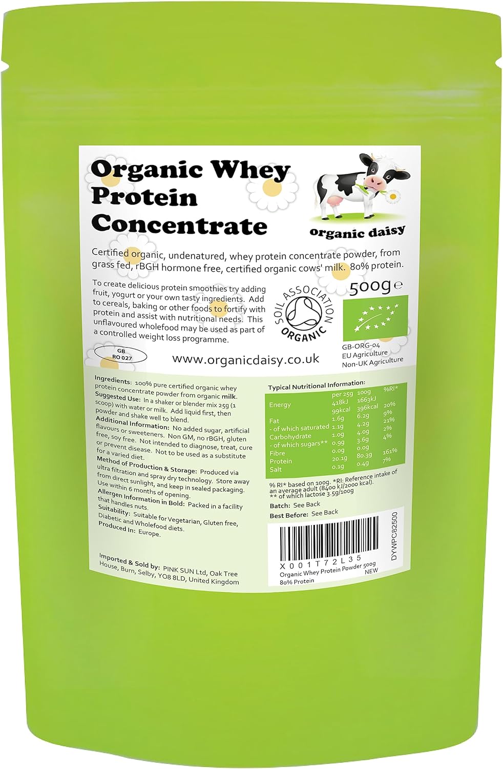 Organic Whey Protein Powder 500g Pure Unflavoured Concentrate Grass Fed SOYA Free Gluten Free Low Carb Vegetarian